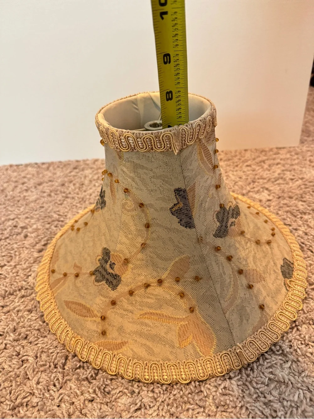 Vintage Bell lamp shade featuring an ornate design golden lace fabric beaded